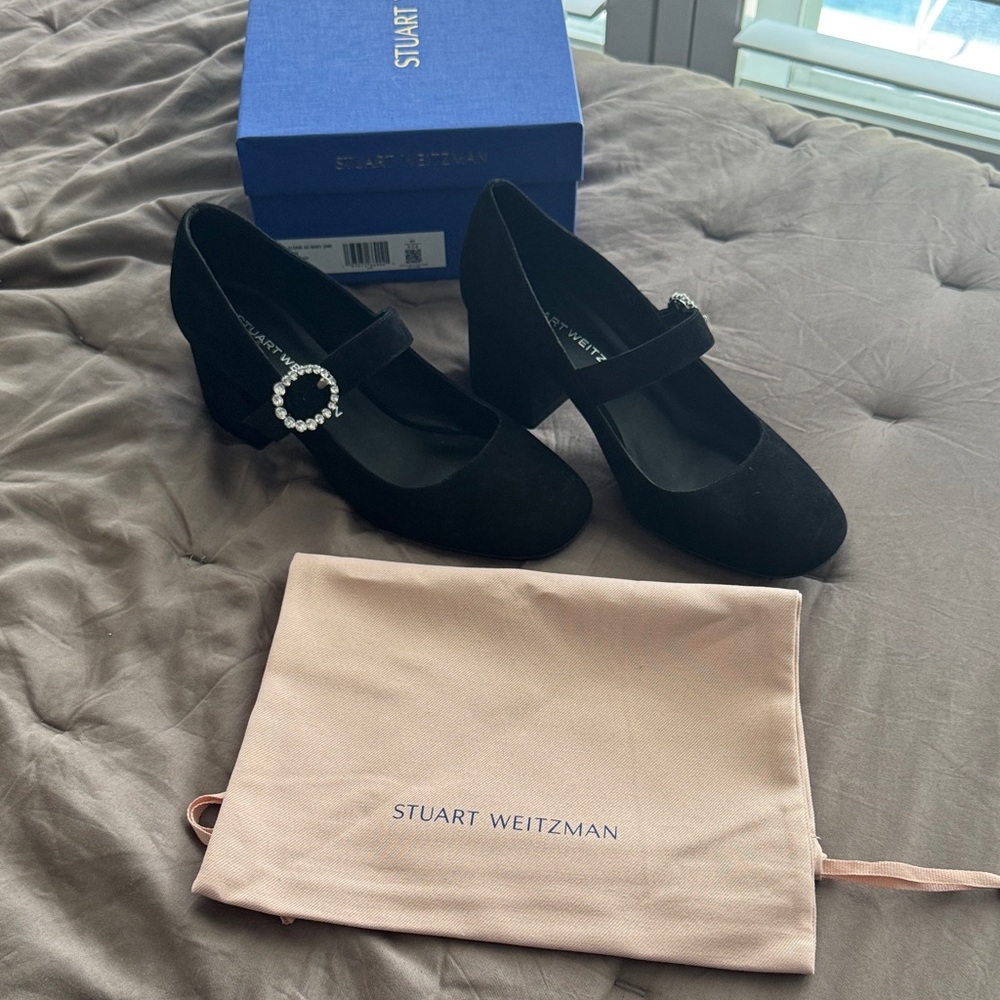 Stuart Weitzman Black Heels with Pearl Buckle